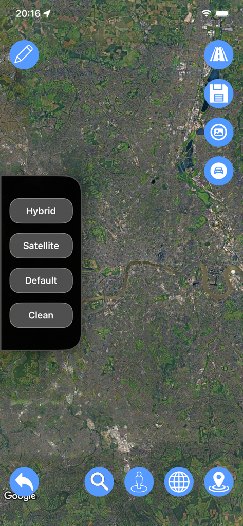 Interfaz de la aplicación Road Sketch mostrando una vista de mapa satelital con un menú para seleccionar entre estilos de mapa Híbrido, Satelital, Predeterminado y Limpio.