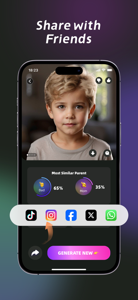 Screenshot of the AI Future Baby app displaying a generated child portrait with social media sharing options for Instagram and TikTok.