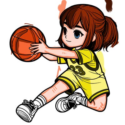 realistic girl, playing basketball