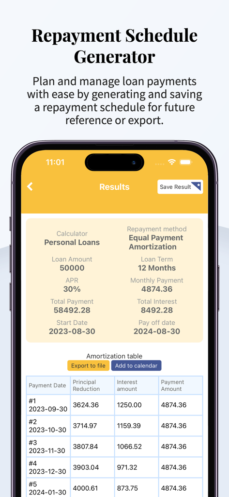 Screenshot of Bear Loan Calculator app showing a personal loan repayment schedule and amortization table.