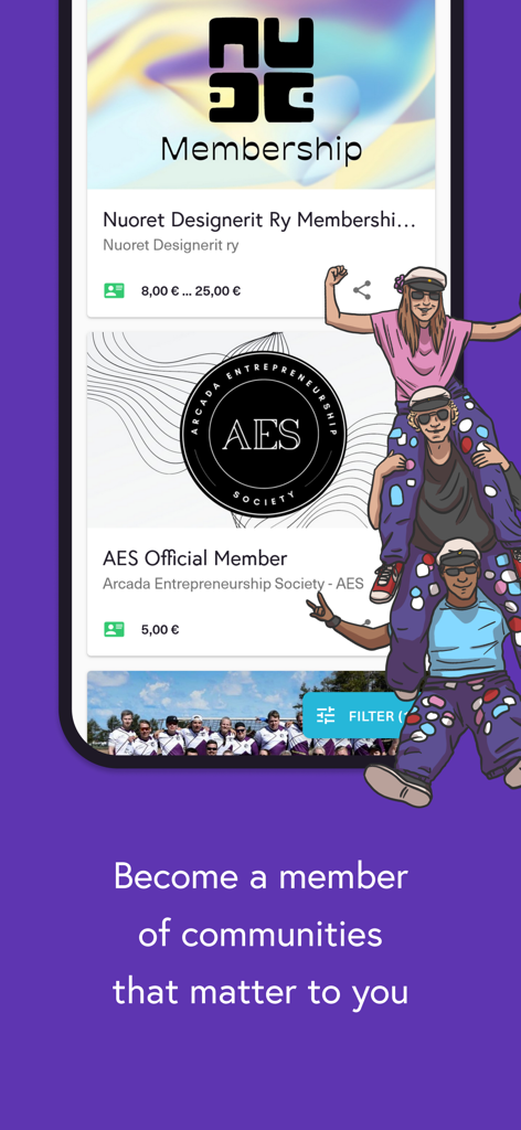 Mobile app screen showing student organization membership options and community events for university students