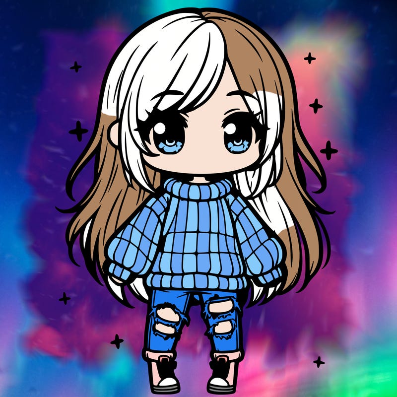 chibi girl with ripped jeans,long hair, and an oversized sweater