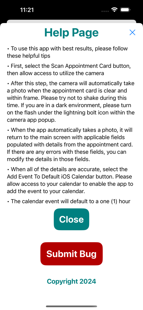 The help page of the Apt Card Scan app displaying step by step instructions for scanning appointment cards and a button to submit bugs.
