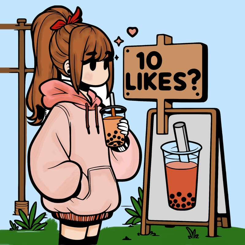 girl with oversized hoodie drinking boba and she has a high ponytail with a sign that says 10likes?