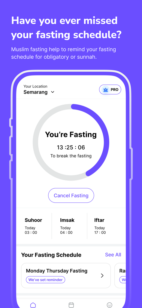 Muslim Fasting Calendar Alarm - Mobile app interface showing a fasting countdown timer with Suhoor Imsak and Iftar times