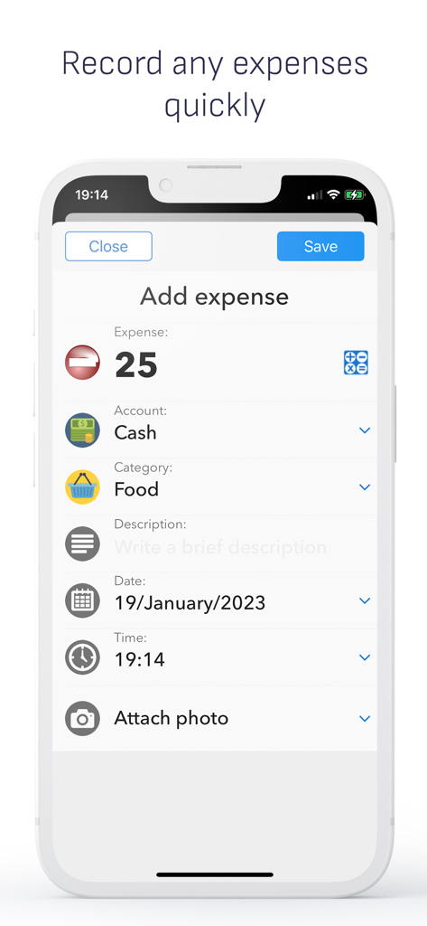 Interface of the Daily Expenses Finance app showing the form to add a new food expense.
