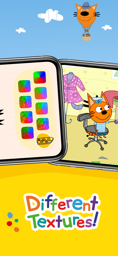 Kid-E-Cats: Draw & Color Games - Interface of Kid-E-Cats drawing app showing various colorful textures and the character Cookie