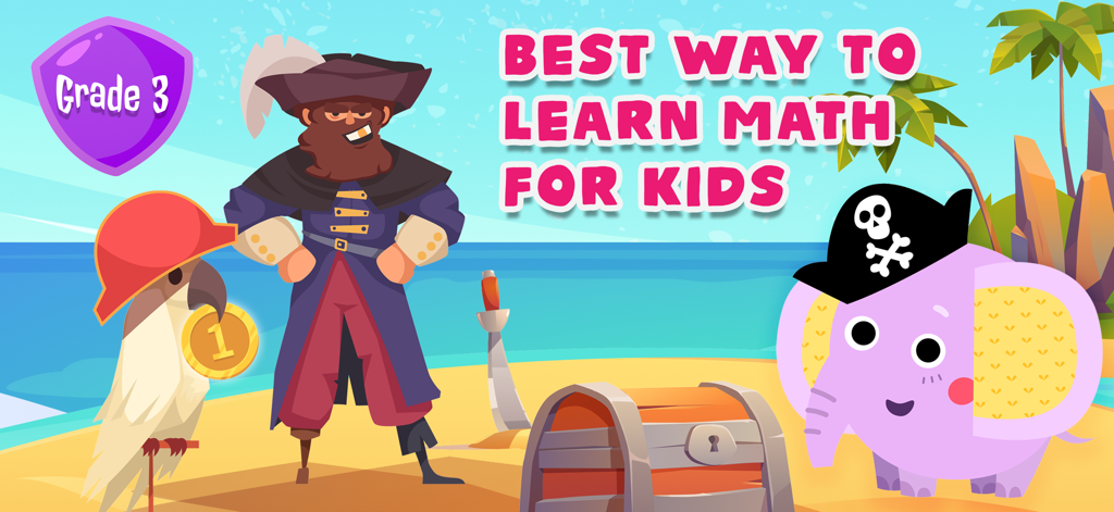 Math Games for Kids: Grade 3 - Grade 3 math learning app screen featuring a pirate theme with cute animal characters and a treasure island background