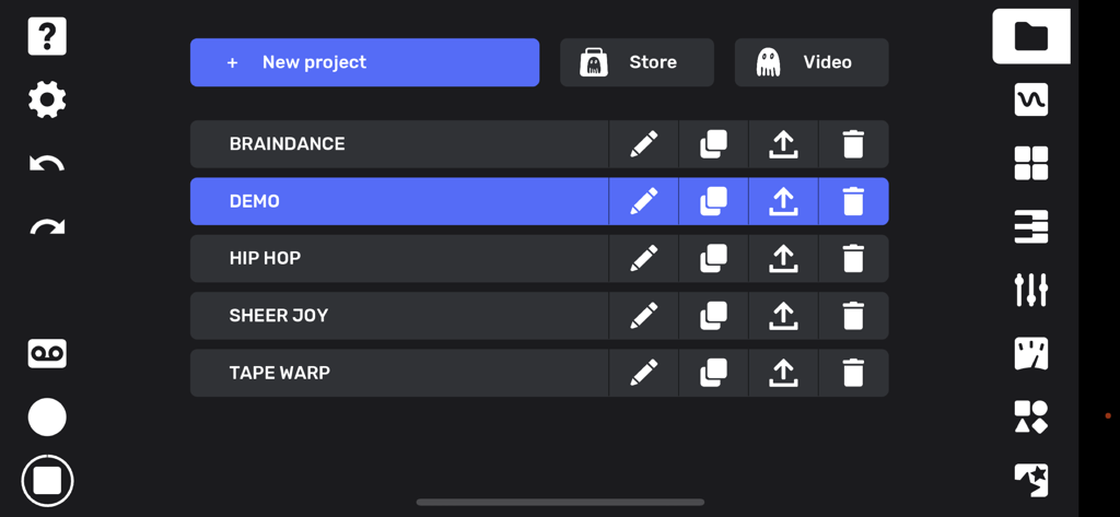 Flip Sampler - The project management screen in Flip Sampler showing a list of music tracks and creative tool icons