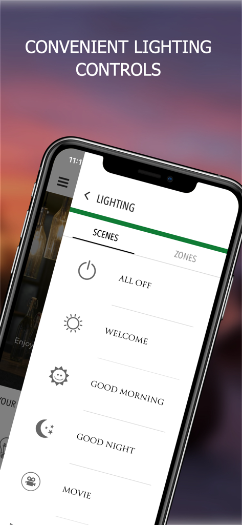 Six Senses app smart lighting control interface showing different room scenes