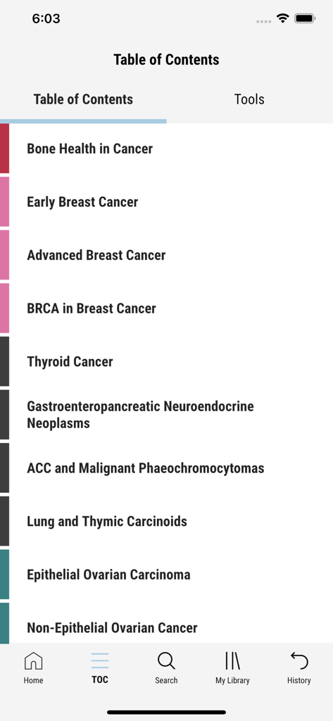ESMO Interactive Guidelines app table of contents showing medical oncology topics like breast and thyroid cancer.