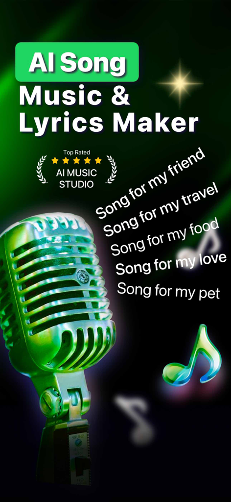 AI MusicTunes app interface showing a green glowing microphone and options to create songs for friends travel and food