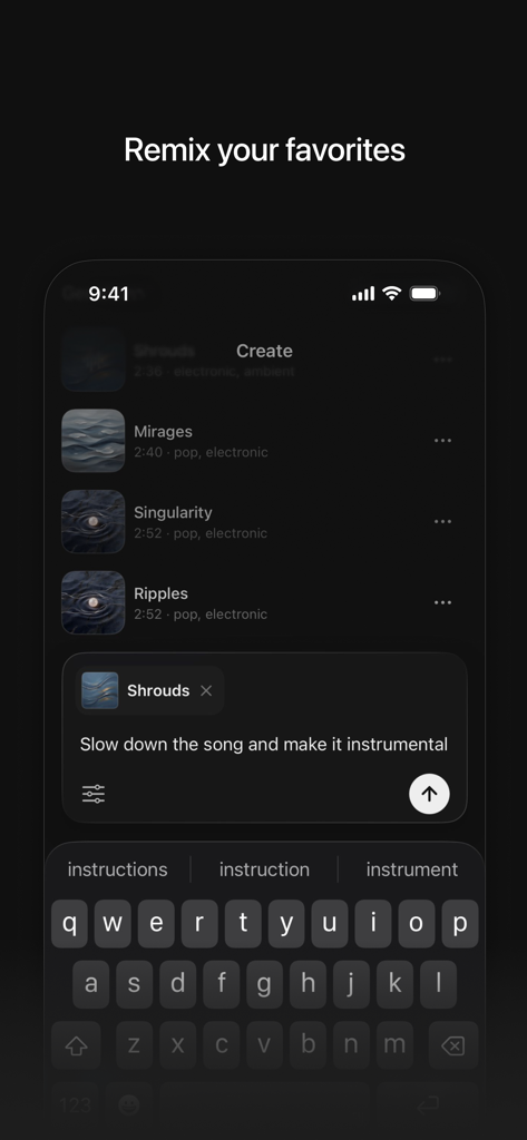 ElevenMusic by ElevenLabs - A mobile interface for ElevenMusic showing a text prompt to remix a track with AI
