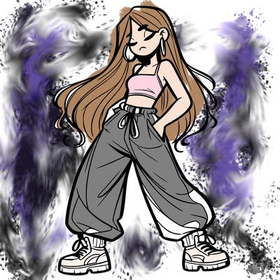 girl in baggy pants crop top and long hair