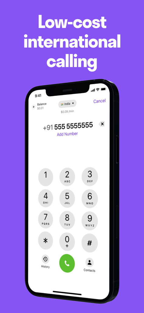 TextNow app interface showing a dial pad for low-cost international calls to India