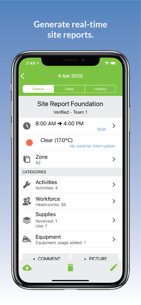 Novade Enterprise - Novade Enterprise mobile app interface for generating real-time construction site reports.