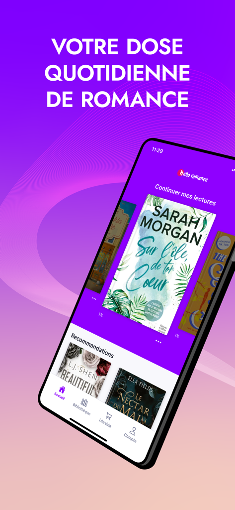 Hello Romance - The home screen of Hello Romance app featuring romance novel covers and reading recommendations
