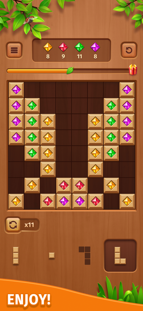 Cube Block - Woody Puzzle Game - Gameplay of a woody block puzzle game with colorful gems on a wooden board