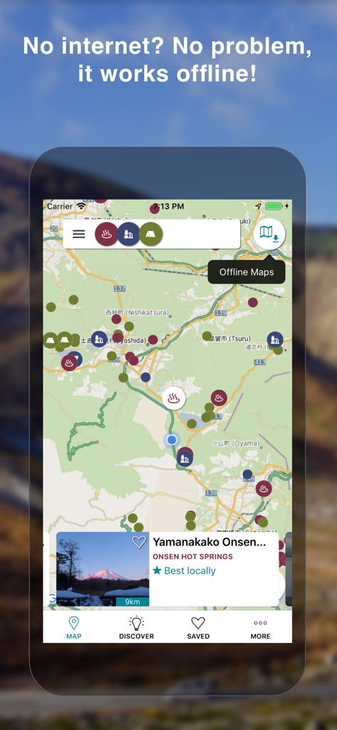 Michi Japan Road Guide Offline - Offline map of Japan showing roadside stations hot springs and camping spots