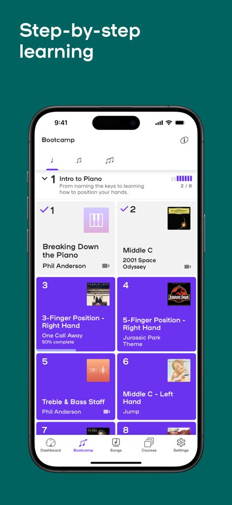 Playground: Real Piano Lessons - A mobile app screen showing a step-by-step piano bootcamp curriculum with lessons like Intro to Piano and Middle C.