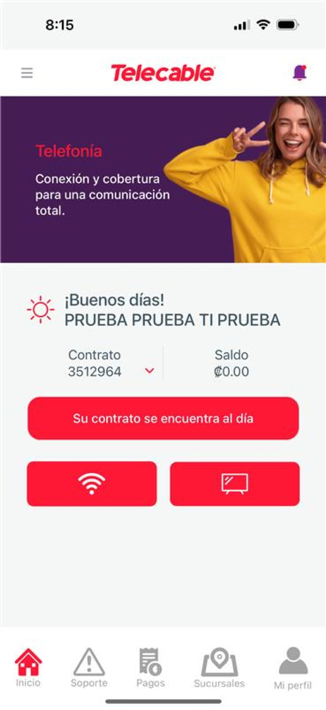 Panel de la aplicación móvil de Telecable mostrando el saldo de la cuenta y el estado del contrato.