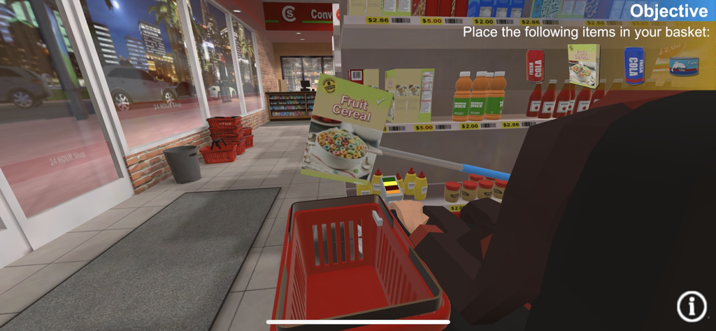 Wheelchair Mobility Experience - First person view of a wheelchair user picking up grocery items with a reacher tool