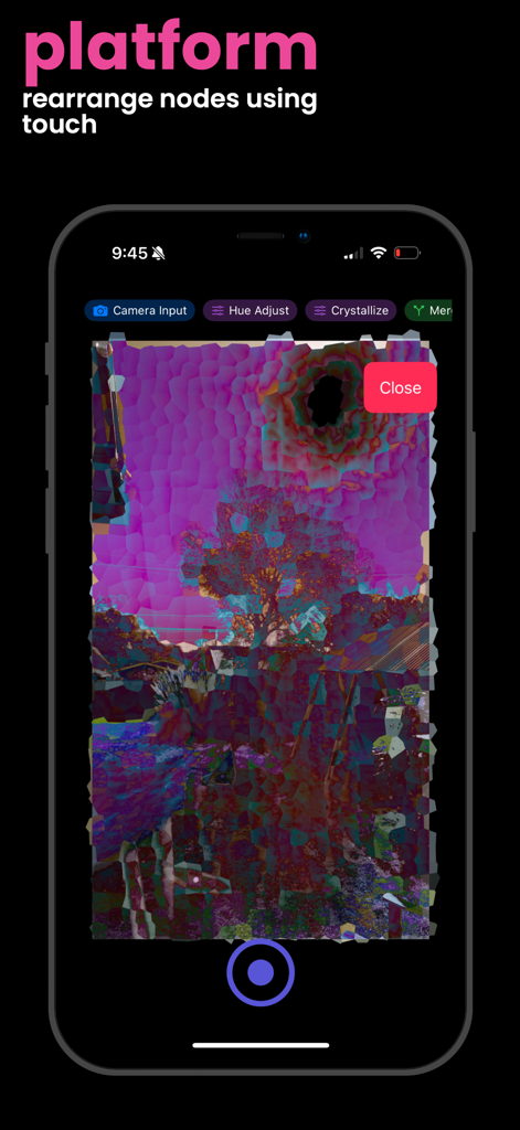 Interface do aplicativo Filter Flow mostrando edição de vídeo baseada em nós e efeitos glitch em tempo real em um smartphone