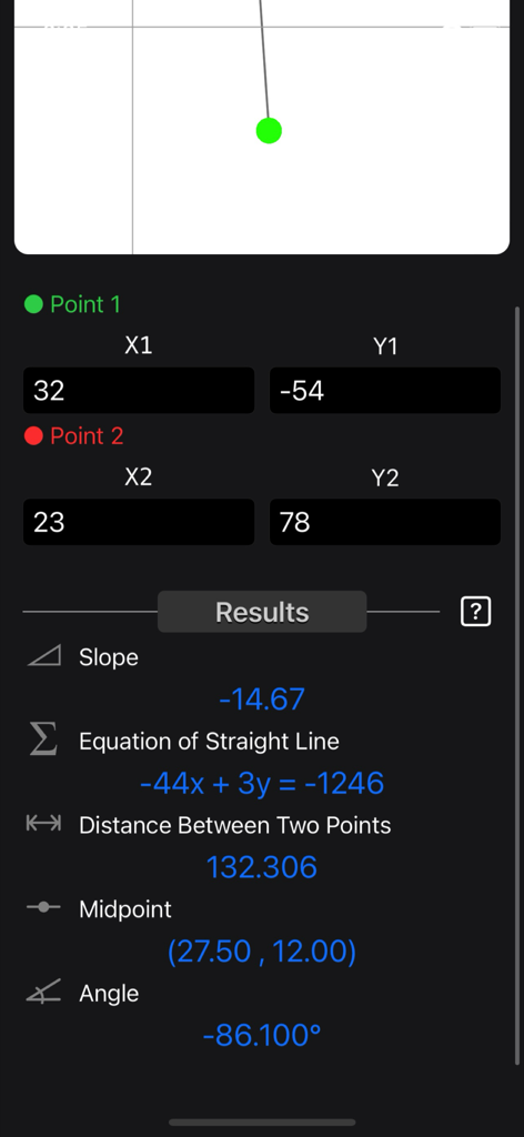 Slope Calculator Plus - Slope Calculator Plus interface displaying results for slope, line equation, and midpoint between two points.