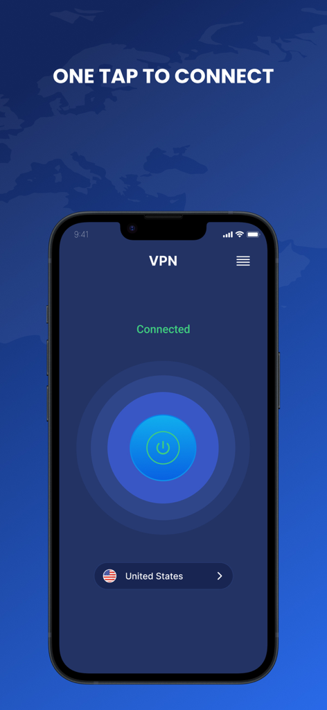 VPN Fast Smart & Secure Proxy - iPhone screen displaying the one tap connection interface of the VPN Fast Smart and Secure Proxy app connected to a US server
