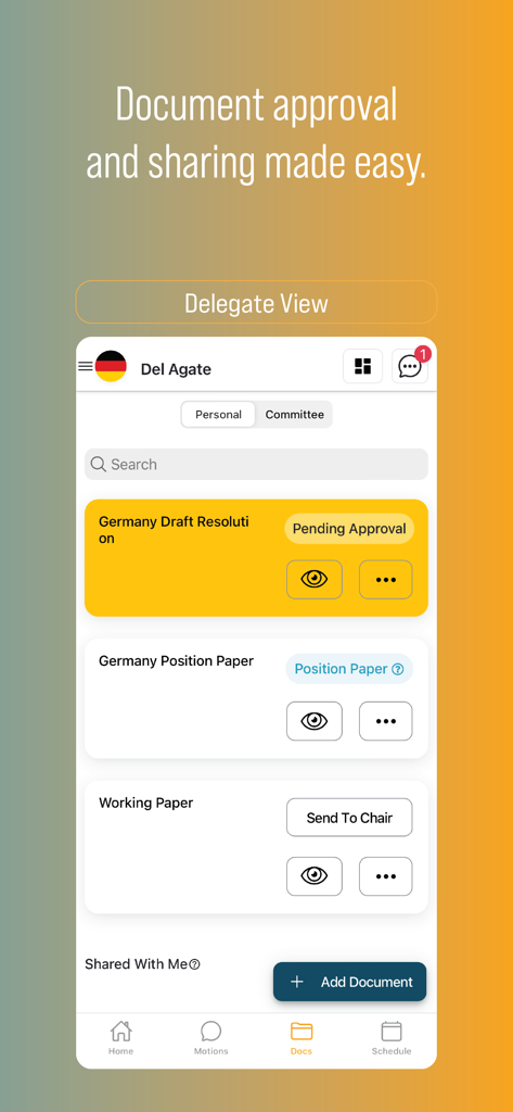 Screenshot of the MUN Command app delegate interface showing draft resolutions and document approval status