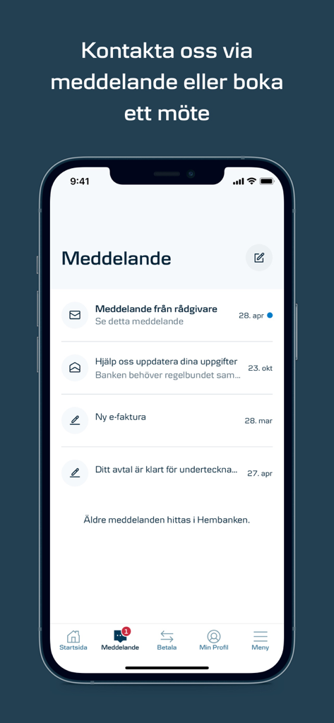 ダンスケ銀行モバイルアプリのアプリ内メッセージングインターフェース。顧客サービス通知と電子請求書アラートを表示。