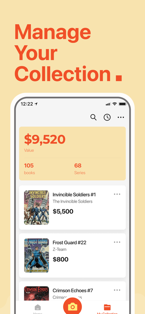 ComicSnap: Identify Comic Book - Pantalla de la aplicación ComicSnap mostrando una estantería digital con un valor total de colección de 9520 dólares y una lista de cómics