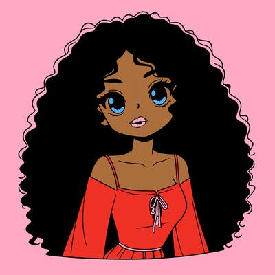a black anime girl with long afro hair