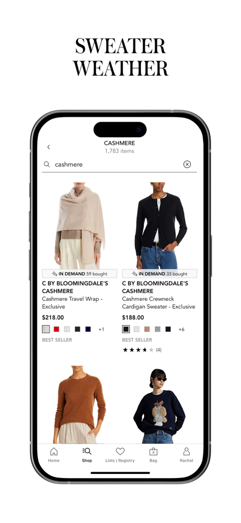 Bloomingdale's app interface showing search results for luxury cashmere sweaters