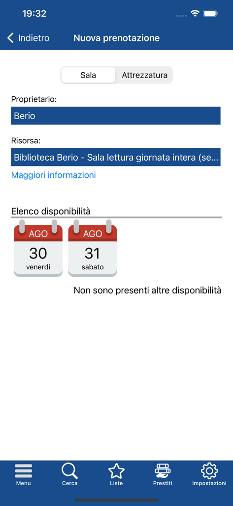 Interface of the bi.G.met app showing the booking screen for a reading room at the Berio Library