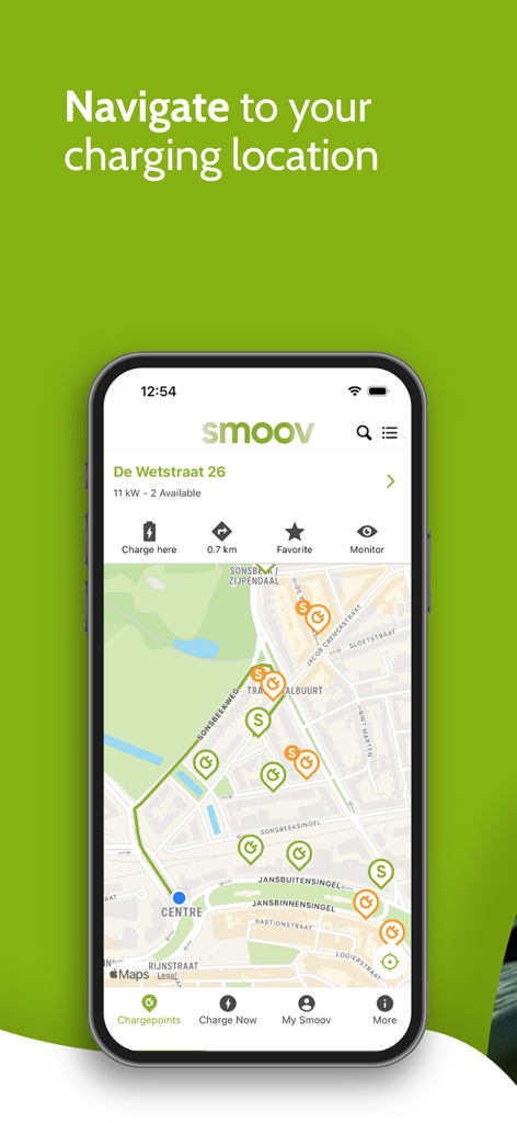 Smoov - Map view of the Smoov app showing electric vehicle charging stations and navigation details