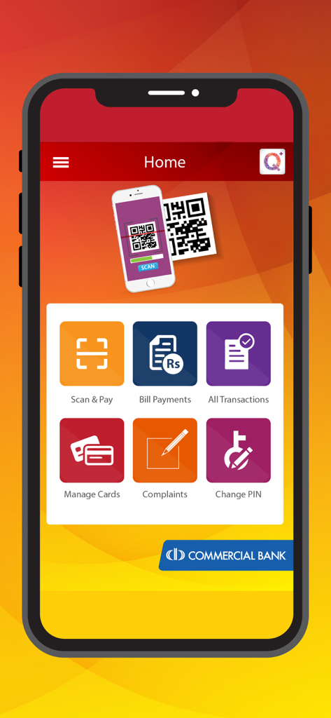 Home dashboard of ComBank Q Plus Payment App with transaction and card management options