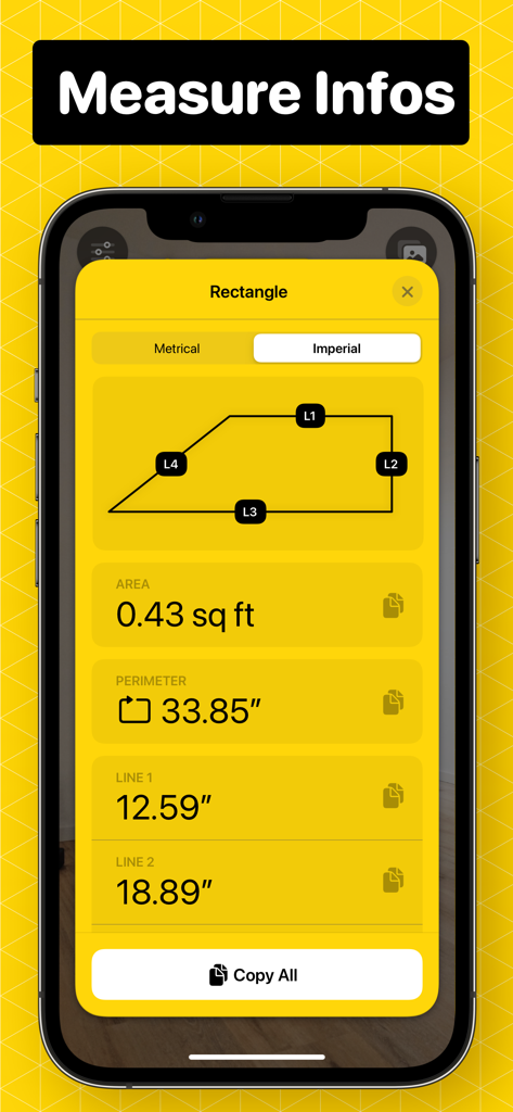 Measuring Tape +ㅤ - Ein Screenshot der Maßband Plus-App, der Flächen- und Umfangsberechnungen für ein Polygon mit imperialen Einheiten zeigt.