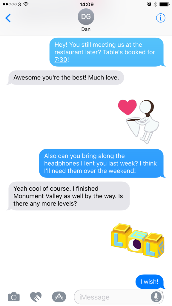 A chat conversation in iMessage using Monument Valley stickers featuring Princess Ida and the Totem character spelling LOL