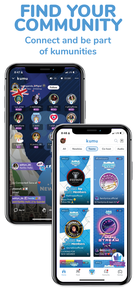 Two phone screens displaying Kumu app live stream and community team pages