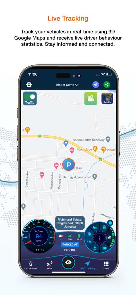 Amber Fleet Connect app interface showing live vehicle tracking on a map with a real-time data dashboard
