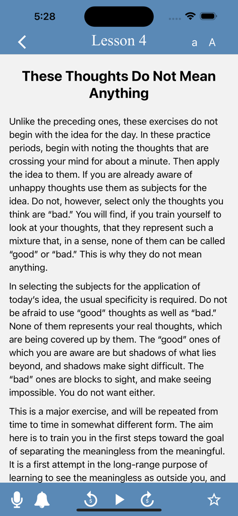 A daily lesson interface in the A Course in Miracles Narrated app showing spiritual text and audio controls