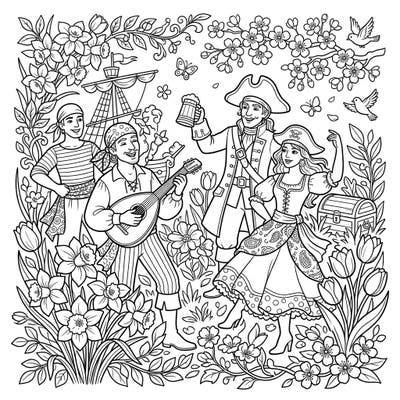 Set sail for creativity with this unique coloring page featuring a joyous pirate crew celebrating the arrival of spring. Discover swashbuckling characters surrounded by a vibrant tapestry of blooming flowers and playful nature.