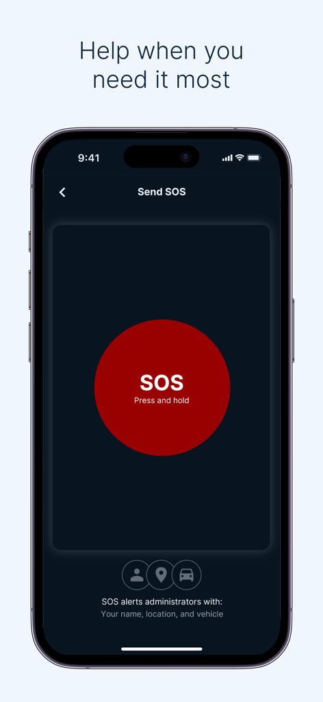 Samsara Driver mobile app interface showing a large red emergency SOS button to alert administrators with driver location and vehicle info
