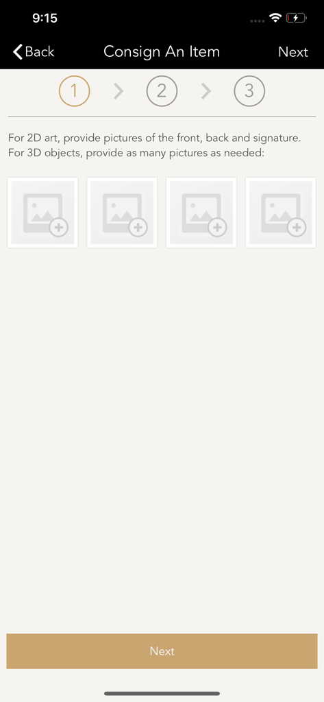 Sylvie's Wine Auctions - Step one of consigning an item in the Sylvie's Wine Auctions app showing photo upload placeholders and instructions