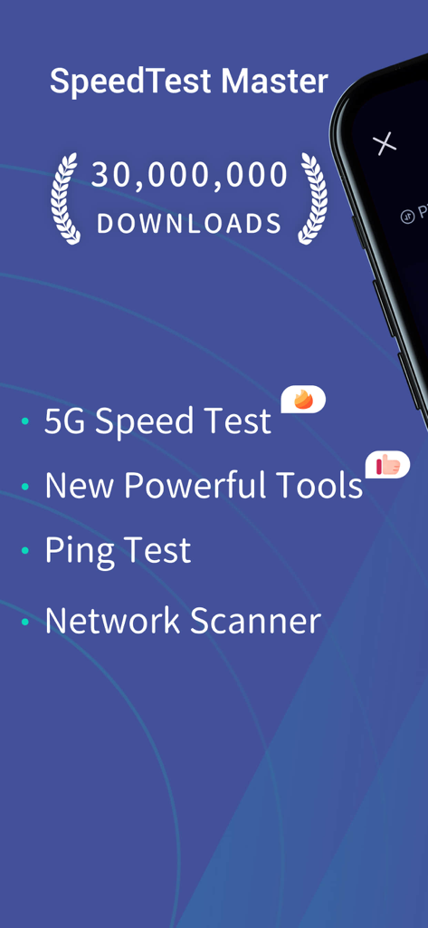 Speed Test Master app interface showing 5G speed test and network diagnostics features