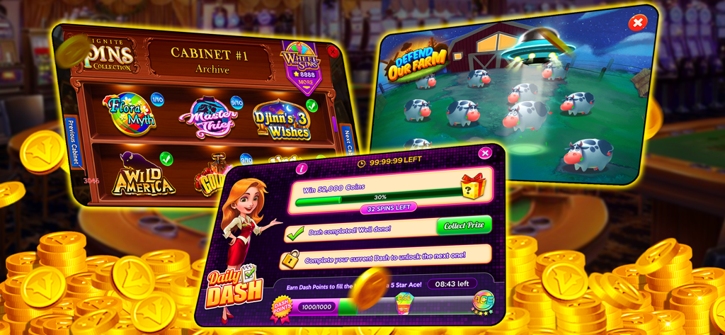 Ignite Classic Slots-Casino - Ignite Classic Slotsアプリ。デイリーダッシュボーナスと様々なスロットマシンテーマが表示されています。