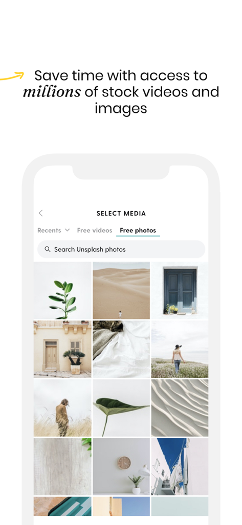 Story Swag - Quick Reels - ソーシャルメディアコンテンツ作成用の無料ストック写真ライブラリを示すモバイル画面