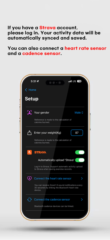 Masil Tracker - Tela de configuração do Masil Tracker para sincronização com Strava e conexão de sensor.