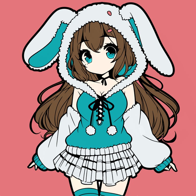 pretty anime girl wearing a fluffy hoodie with bunny ears on the hood and a skirt